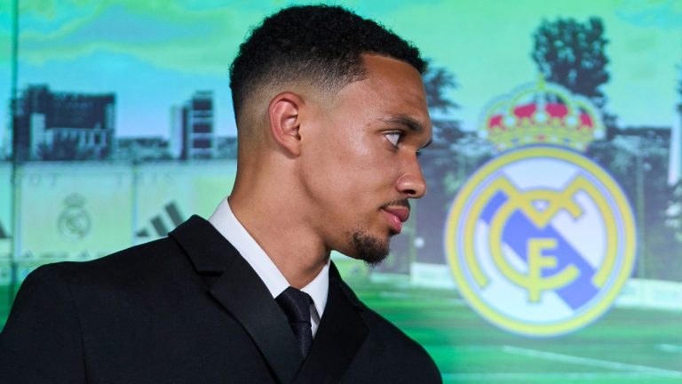 Trent Alexander‑Arnold and Dean Huijsen posing at Real Madrid presentation