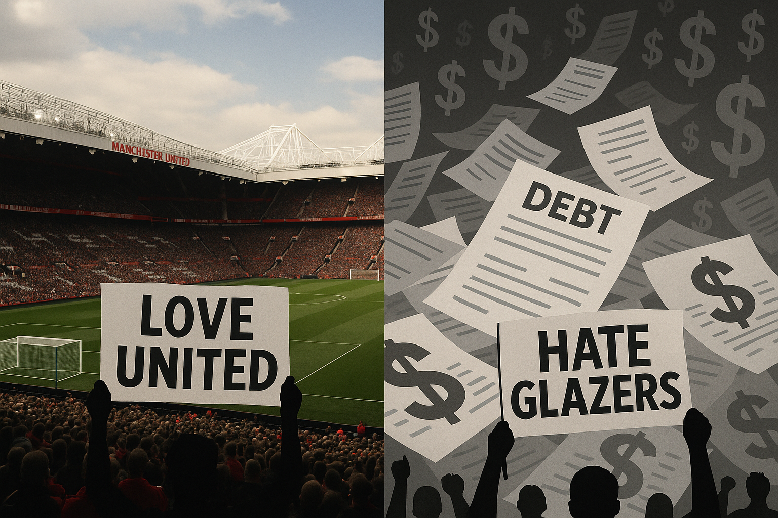 “Old Trafford split between club tradition and Glazer-era financial burden”